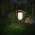 Illuminated Outdoor Lantern With Bamboo Background On Green Grass And Stone