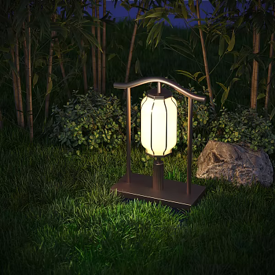 Illuminated Outdoor Lantern With Bamboo Background On Green Grass And Stone 3d model