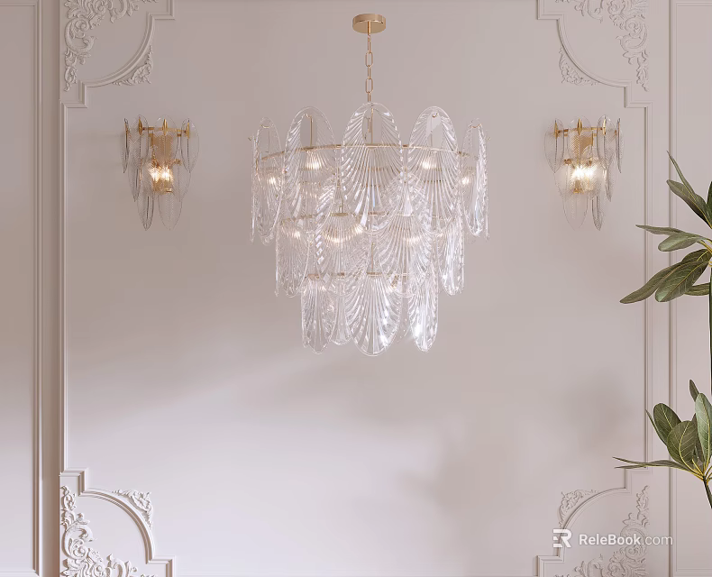 Elegant Crystal Lighting Combination With Chandelier And Wall Sconces On White Carved Wall 3d model 
