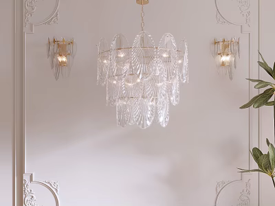 Elegant Crystal Lighting Combination With Chandelier And Wall Sconces On White Carved Wall 3d model