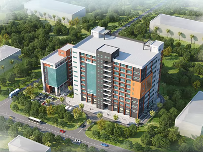 Modern Industrial Factory Building with Multi Storey Structure Surrounded by Green Trees and Roads 3d model