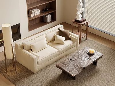 Modern Living Room Interior With Beige Sofa Wooden Coffee Table Floor Lamp And Bookshelf 3d model