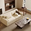 Modern Living Room Interior With Beige Sofa Wooden Coffee Table Floor Lamp And Bookshelf