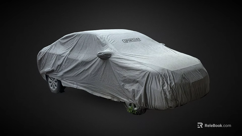 Gray Protective Car Cover Fully Covering Vehicle On Dark Background Surface 3d model 