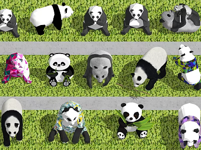 Cute Panda Garden Ornaments in Various Poses on Green Grass with Colorful Outfits 3d model