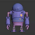 Blue And Purple Robot With Round Head Yellow Buttons Pink Joints Standing On Black Reflective Surface