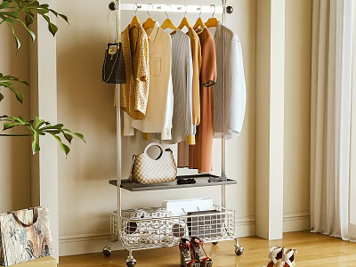 Wheeled Clothes Hanger with Hanging Clothes and Shelf for Bedroom Storage 3d model