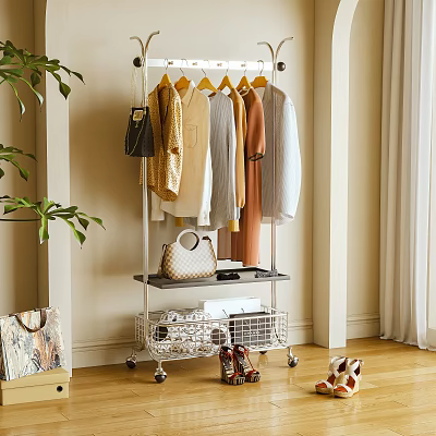 Wheeled Clothes Hanger with Hanging Clothes and Shelf for Bedroom Storage 3d model