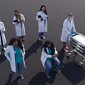 Group of Medical Professionals in White Coats with Clipboards and Medical Cart