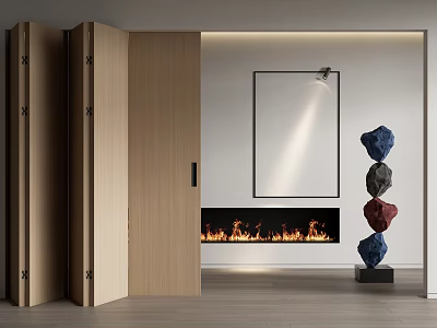 Open Wooden Folding Doors in Modern Interior with Fireplace and Artwork 3d model