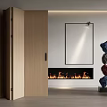 Open Wooden Folding Doors in Modern Interior with Fireplace and Artwork