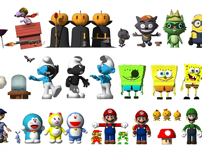 Cartoon Character Dolls Including SpongeBob Mario Smurfs Minions Doraemon And Pumpkin Shaped Figures 3d model