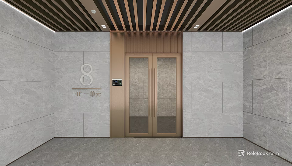 Modern Entrance Door With Bronze Double Doors Gray Stone Walls And Wooden Slat Ceiling 3d model 