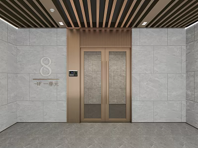 Modern Entrance Door With Bronze Double Doors Gray Stone Walls And Wooden Slat Ceiling 3d model