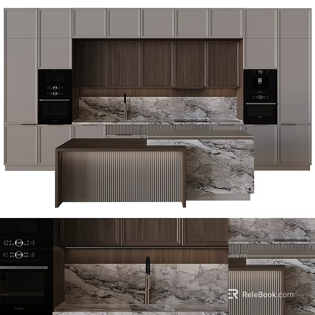 Modern Kitchen Interior With Dark Wood Cabinets Marble Countertop And Island 3d model 