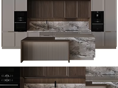 Modern Kitchen Interior With Dark Wood Cabinets Marble Countertop And Island 3d model