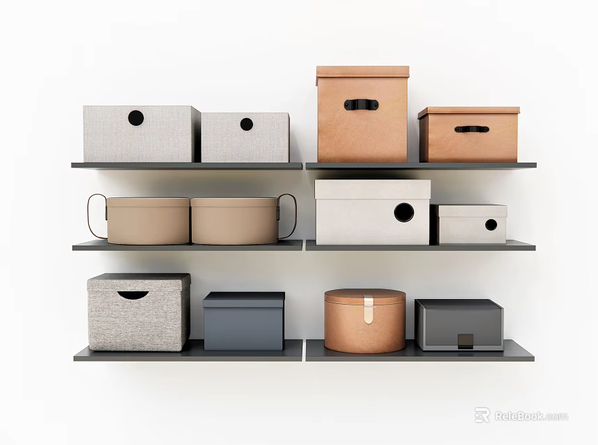 Various Colored Storage Boxes On Wall Mounted Shelves For Home Organization 3d model 