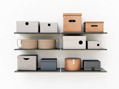 Various Colored Storage Boxes On Wall Mounted Shelves For Home Organization 3d model
