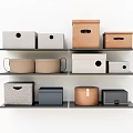 Various Colored Storage Boxes On Wall Mounted Shelves For Home Organization