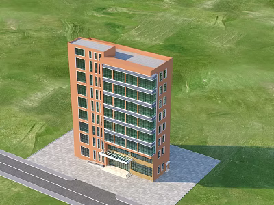 Modern Multi Storey Orange Office Building With Glass Windows And Green Grassland Near Road 3d model