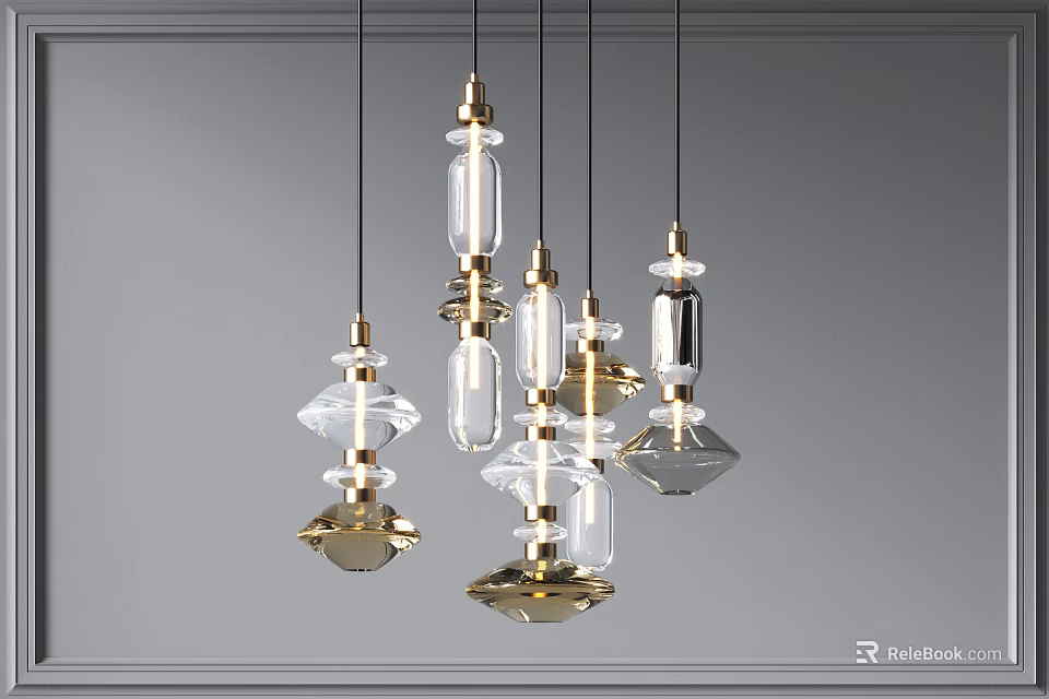 Modern Elegant Hanging Glass Pendant Lights With Gold Metal Accents For Interior Design 3d model 