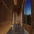 Japanese Zen Restaurant With Stone Wall Light Strips Pine Tree Decoration And Tatami Floor