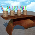 Colorful Pens in Carved Metal Holders on Wooden Shelf With Blue Sky Background