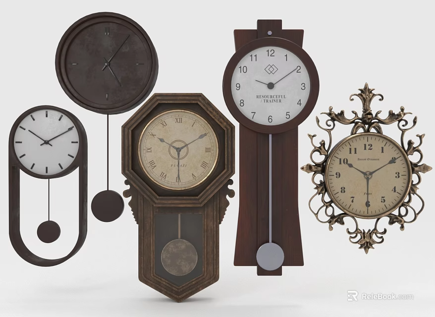 Various Vintage Clocks With Wooden Frames Metal Decorations And Ornate Designs 3d model 