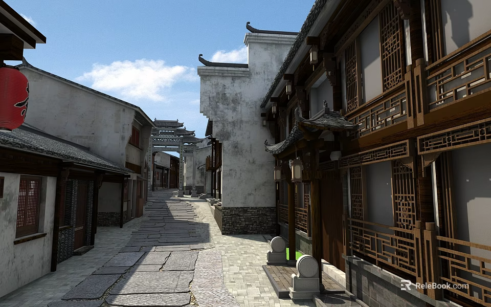 Traditional Commercial Street With Ancient Architecture White Walls And Wooden Carved Windows 3d model 