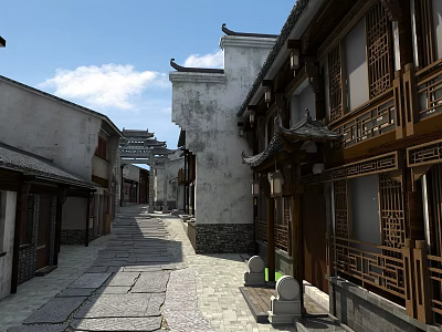 Traditional Commercial Street With Ancient Architecture White Walls And Wooden Carved Windows 3d model