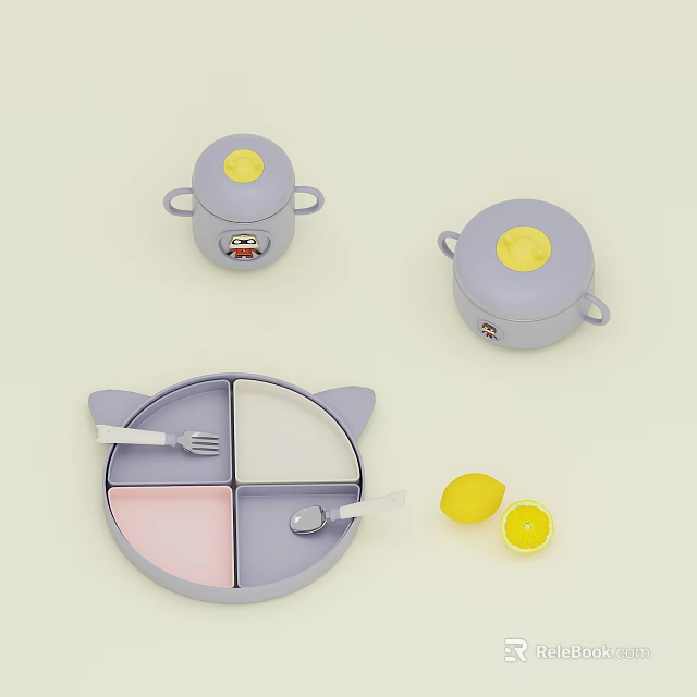 Cute Light Purple Tableware Set With Cat Ear Divided Plate Fork Spoon And Yellow Lid 3d model
