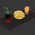 Delicious Fast Food With Hamburger French Fries And Drink On Black Tray With Striped Straw