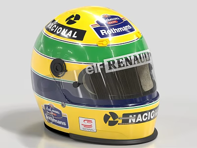 Yellow Green Blue Racing Helmet With Rothmans Renault Nacional Elf Sponsor Logos 3d model