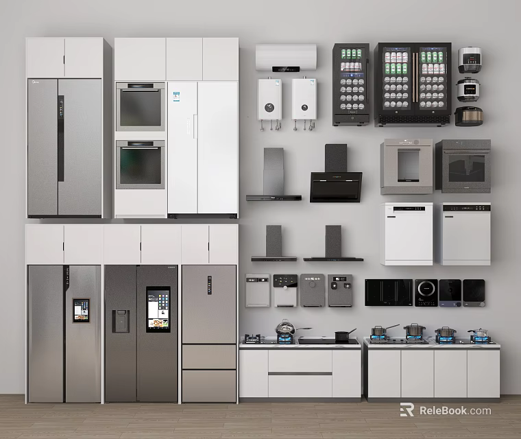 Modern Kitchen Interior Featuring Refrigerators Freezers and Kitchen Appliances With Cabinets 3d model