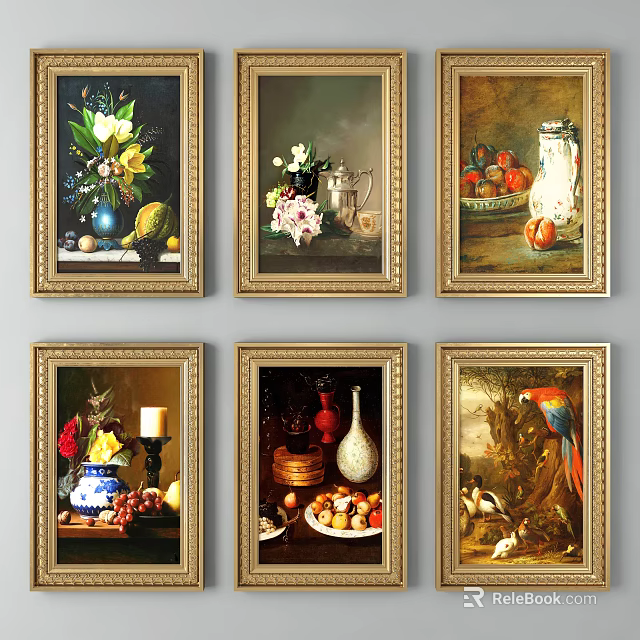 Elegant Plant Paintings with Floral Fruits and Vases in Gold Frames for Interior Decor 3d model 