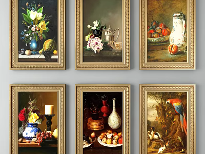 Elegant Plant Paintings with Floral Fruits and Vases in Gold Frames for Interior Decor 3d model