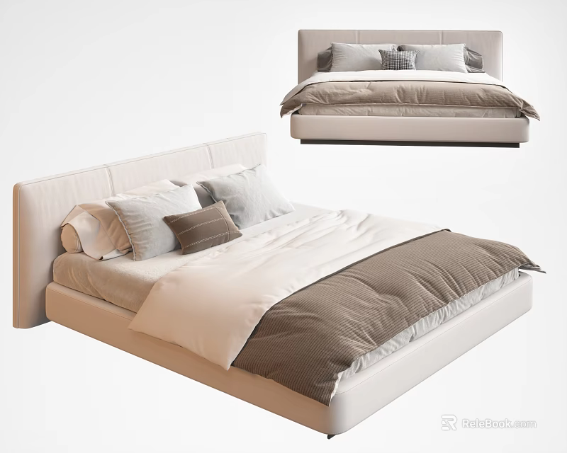 Modern Minimalist Double Bed Design With Light Headboard And Soft Pillows 3d model