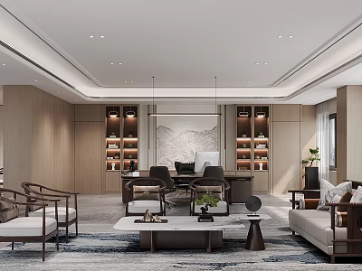 Modern New Chinese Executive Office With Warm Wooden Interior And Comfortable Reception And Working Space 3d model