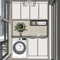 Home Balcony Laundry Area With White Storage Cabinets Sink Window Blinds And Decorative Plant