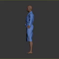 Bald Man in Blue Striped Bathrobe Standing with Arms Outstretched on Gray Gradient Background