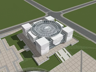 Modern Public Building With Circular Glass Dome And Square Structures In Open Area 3d model