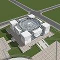 Modern Public Building With Circular Glass Dome And Square Structures In Open Area 3d model