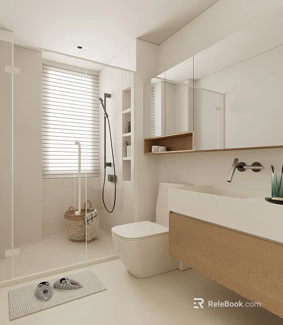 Modern Bathroom Interior Design With Glass Partition Shower Blinds And Wooden Vanity Mirror 3d model 