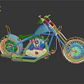 Turquoise Custom Chopper Motorcycle With Orange Seat Chrome Parts And Large Wheels