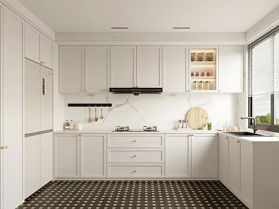 Bright White Kitchen Interior With Marble Countertop Open Shelves And Cabinets 3d model