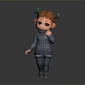 Cute Cartoon Girl Game Movie Character With Red Brown Hair Green Hair Ties Gray Sweater