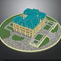 Ancient Architecture Scene Featuring Blue Roof Yellow Walls Symmetrical Design Green Lawns And Pathways