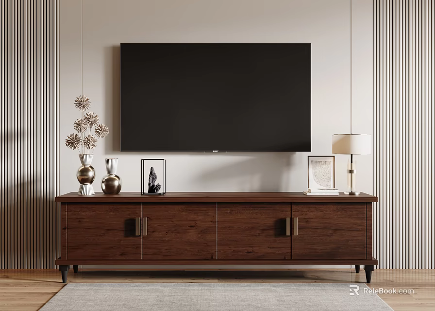 Dark Brown Wooden TV Stand with Decorative Vases Frames and Table Lamp Against Striped Wall 3d model 