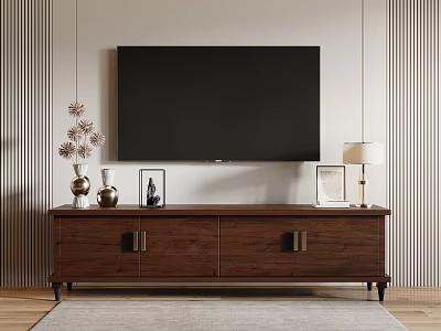 Dark Brown Wooden TV Stand with Decorative Vases Frames and Table Lamp Against Striped Wall 3d model