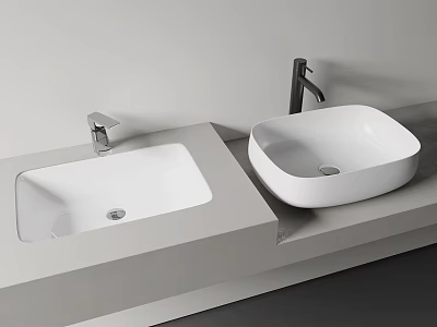 Modern Washbasins With Under Counter And Above Counter Designs On Gray Countertop And Metal Faucets 3d model